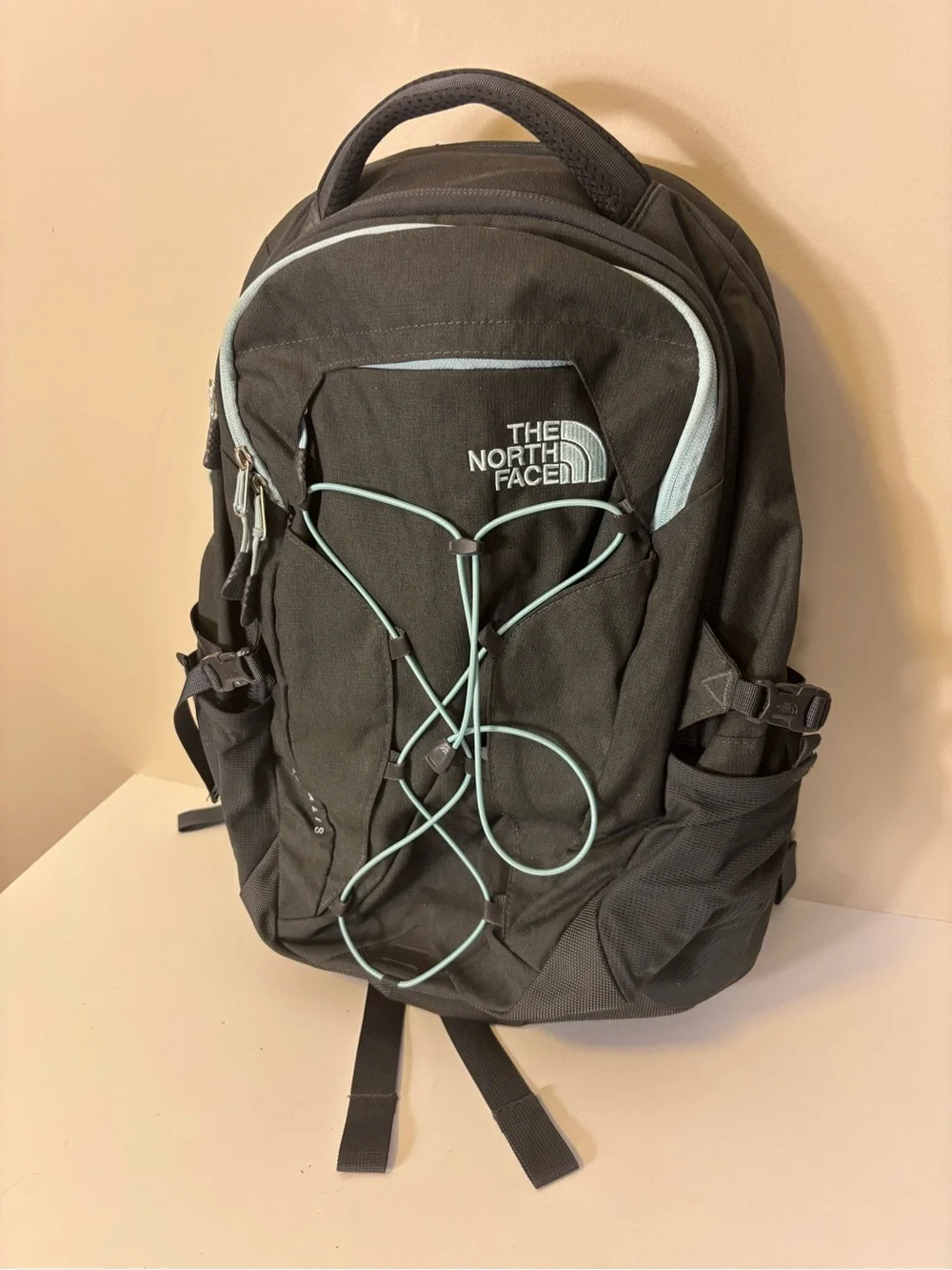 The North Face Borealis Grey Backpack with Light Blue Accents